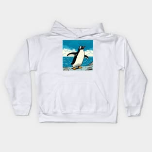 Happy Penguin jumping out of the ocean and shaking water from its feathers Kids Hoodie